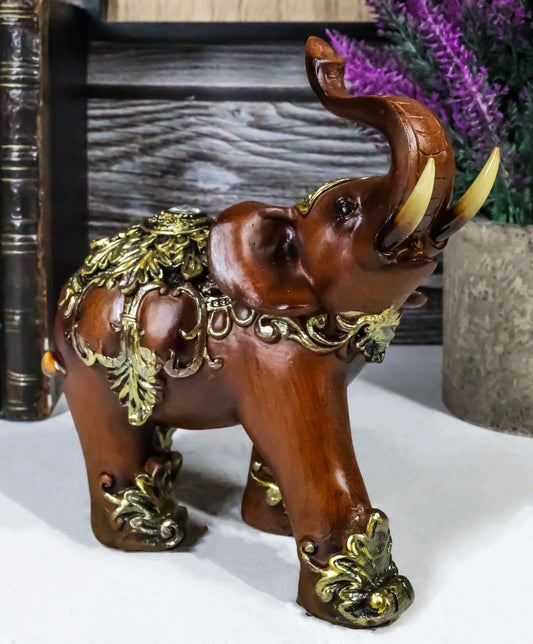 Faux Wood Decorated Thai Buddhism Noble Elephant With Trunk Up Statue 6.25"L - Ebros Gift