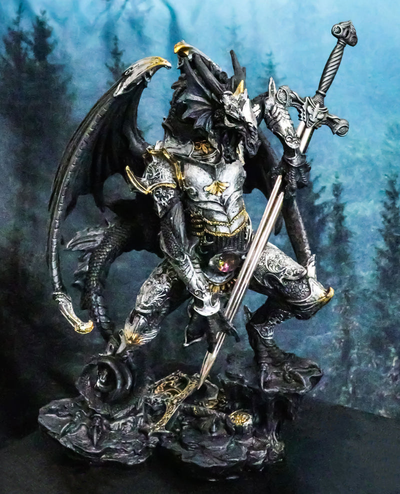 Faux Stone Silver Armored Dragon Holding Excalibur Dagger Blade Sword Statue