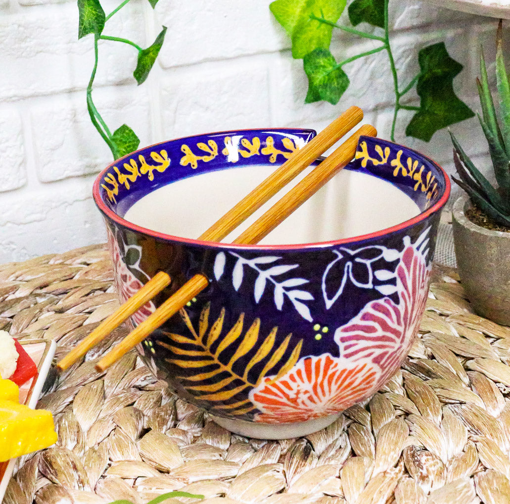 Ebros Pack Of 2 Leaves And Flowers Ramen Noodles Soup Bowl With Bamboo Chopsticks Set