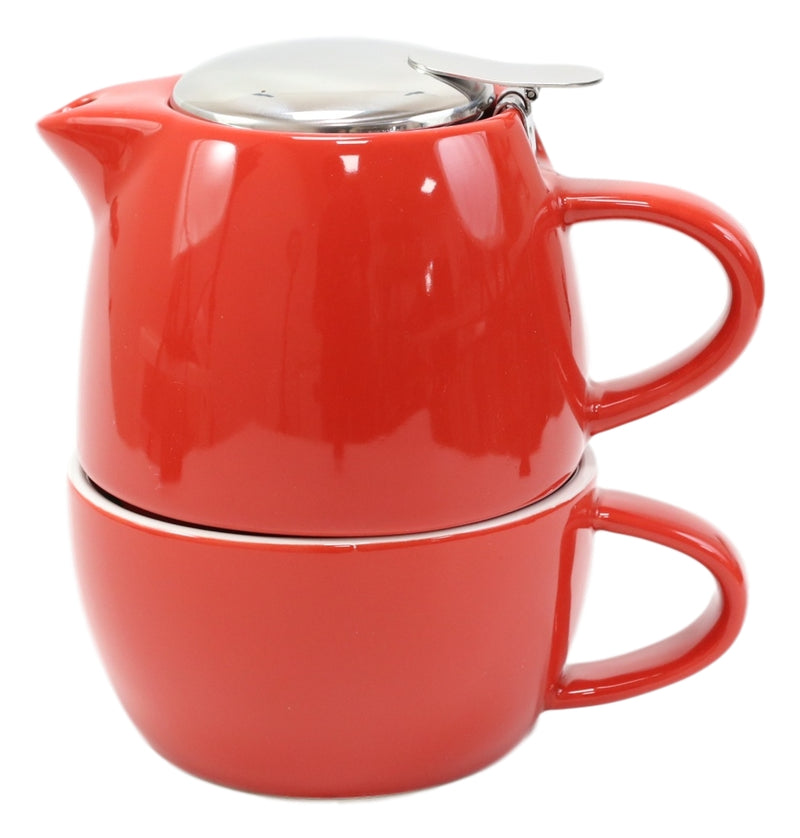 Glossy Red Contemporary Ceramic Stackable Teapot Set Single Tea Pot With Mug