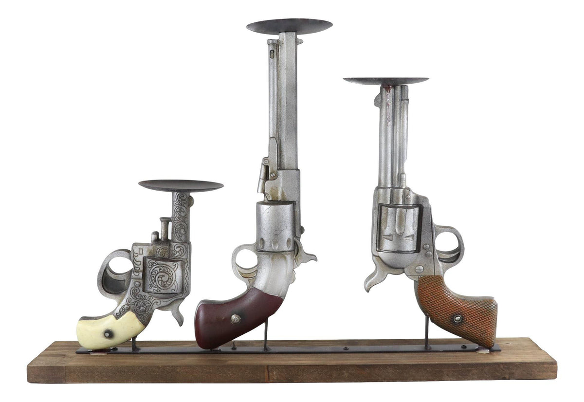 Rustic Western Cowboy Triple Six Shooter Revolver Pistol Guns Candle Holders