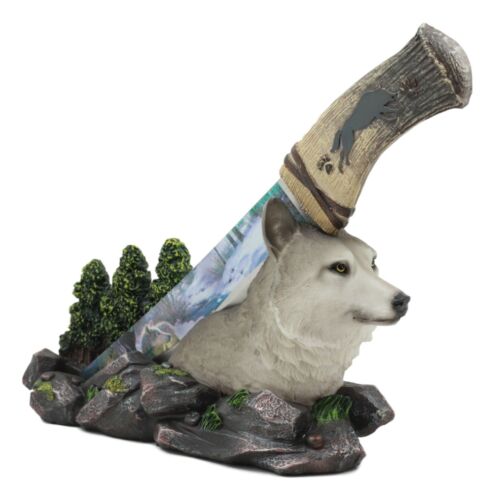 Ebros Gray Wolf In Forest Scene Centerpiece With Hunting Knife Letter Opener Statue