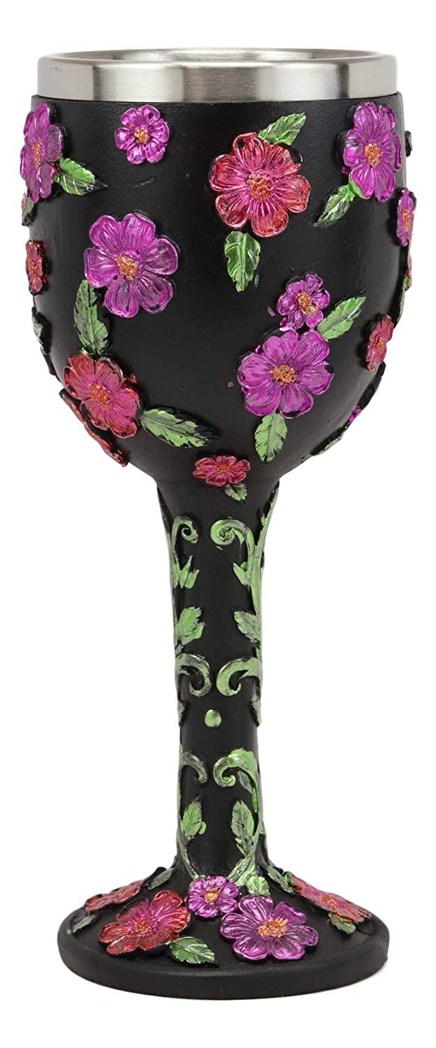 Ebros Gothic Black Red Pink Green Day of The Dead Sugar Skull Wine Goblet 7oz
