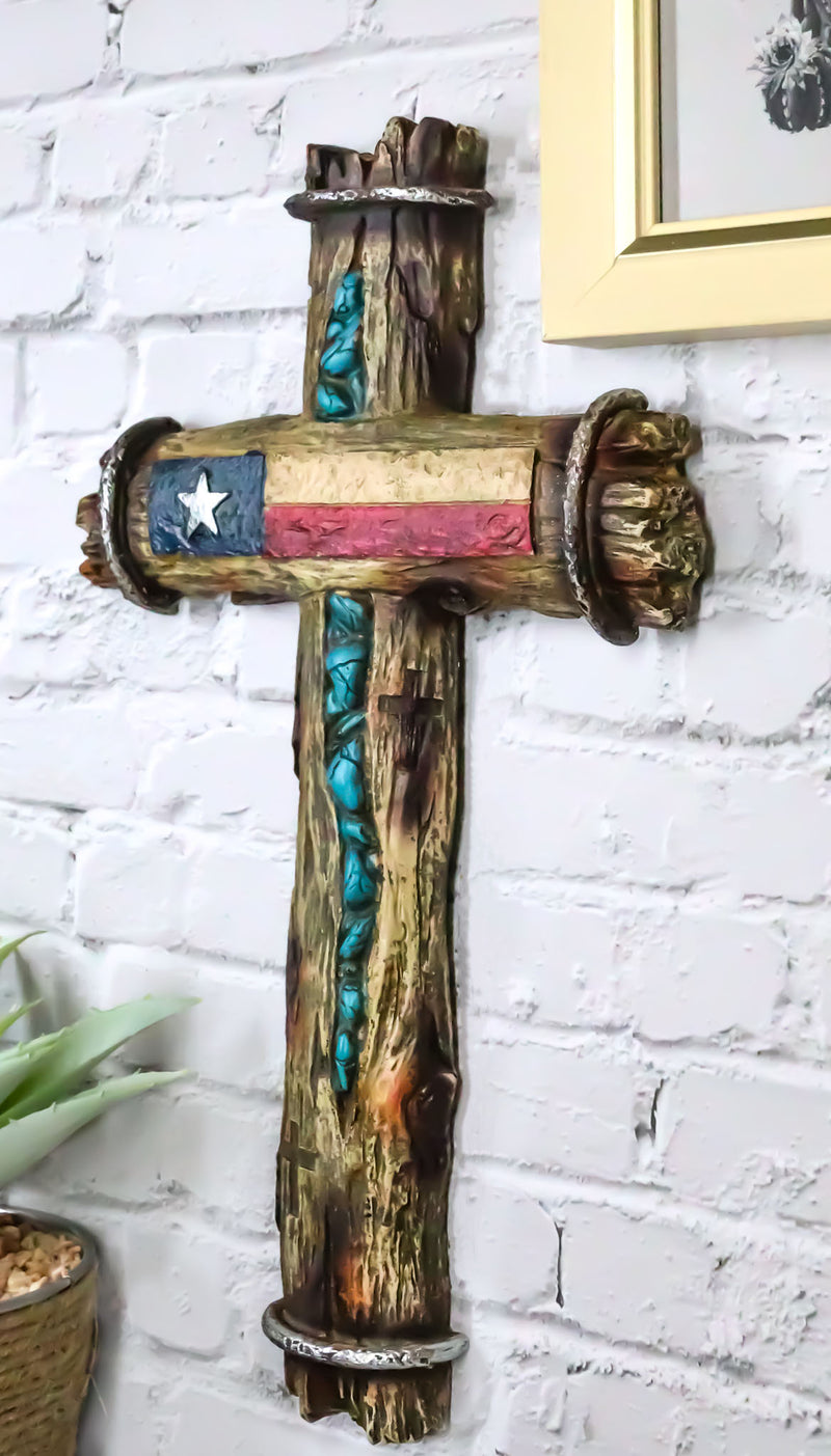 Rustic Western Lone Star Texas State Flag With Turquoise Rocks Rugged Wall Cross