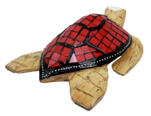 Balinese Wood Handicrafts Ocean Turtle With Painted Glass Shell Figurine 10"L