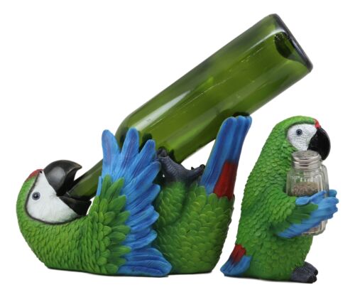 Green Scarlet Macaw Parrot Wine Bottle And Salt Pepper Shakers Holder Statue Set