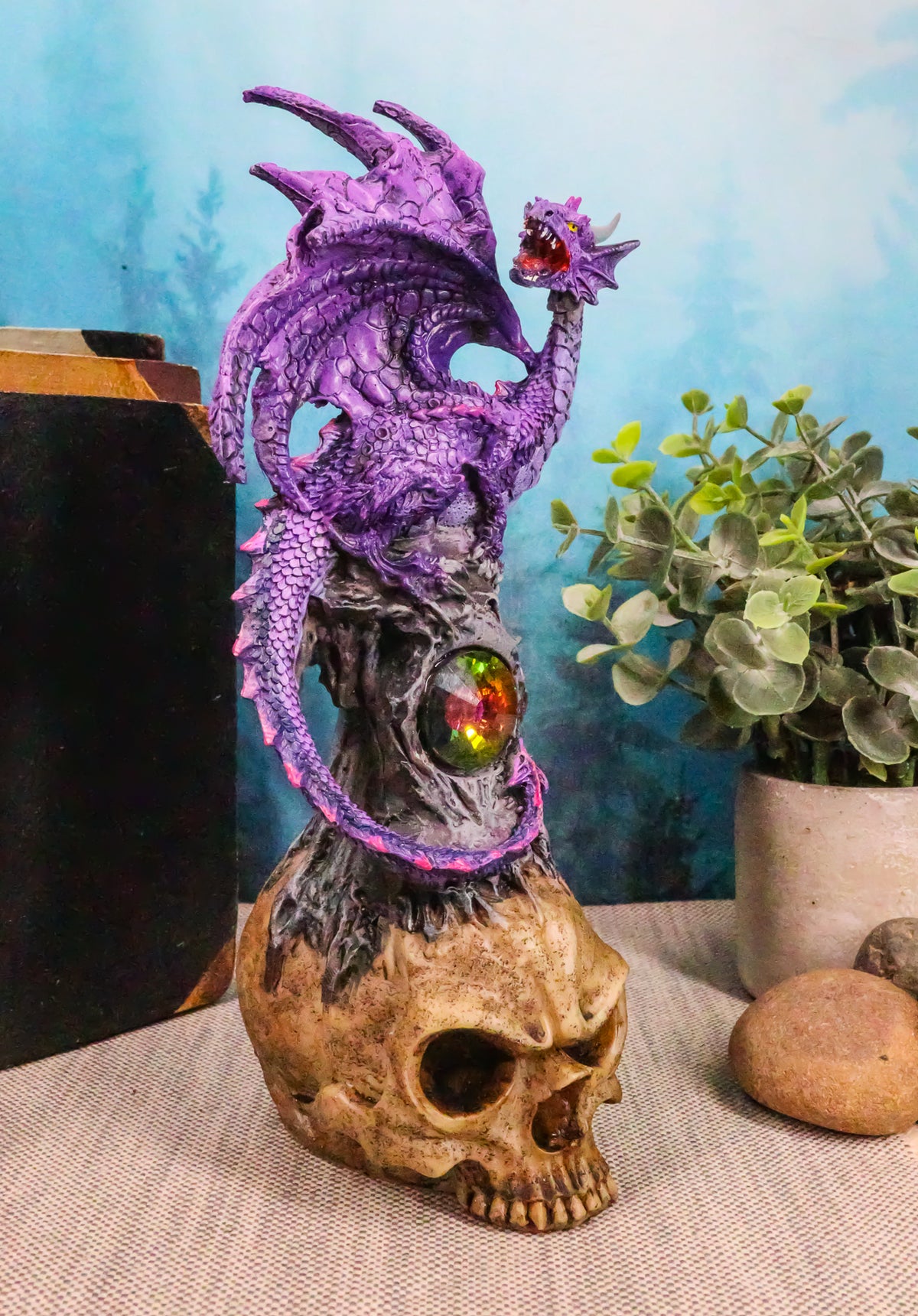 Ebros Purple Midnight Dragon Perching On Cranium Alien Skull W/ Gemstone Statue