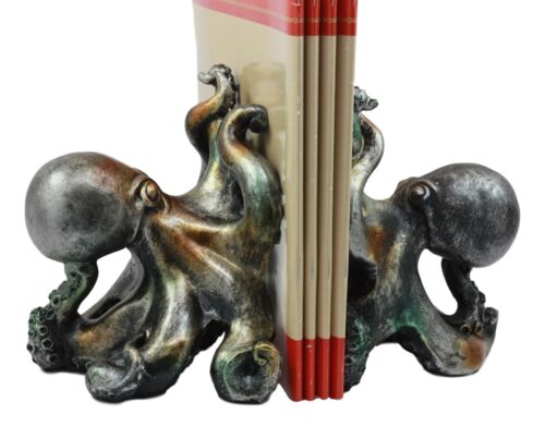 Ebros Nautical Coastal Sea Monster Octopus Bookends Set Statue in Faded Bronze Antique Finish 6.25" H