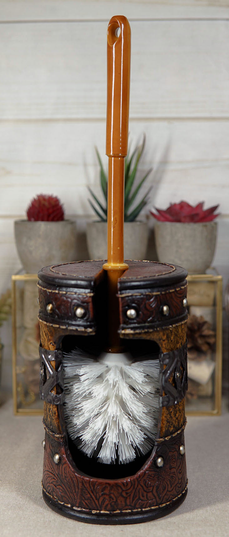 Country Rustic Western Star Faux Tooled Leather Lace Toilet Brush And Holder Set