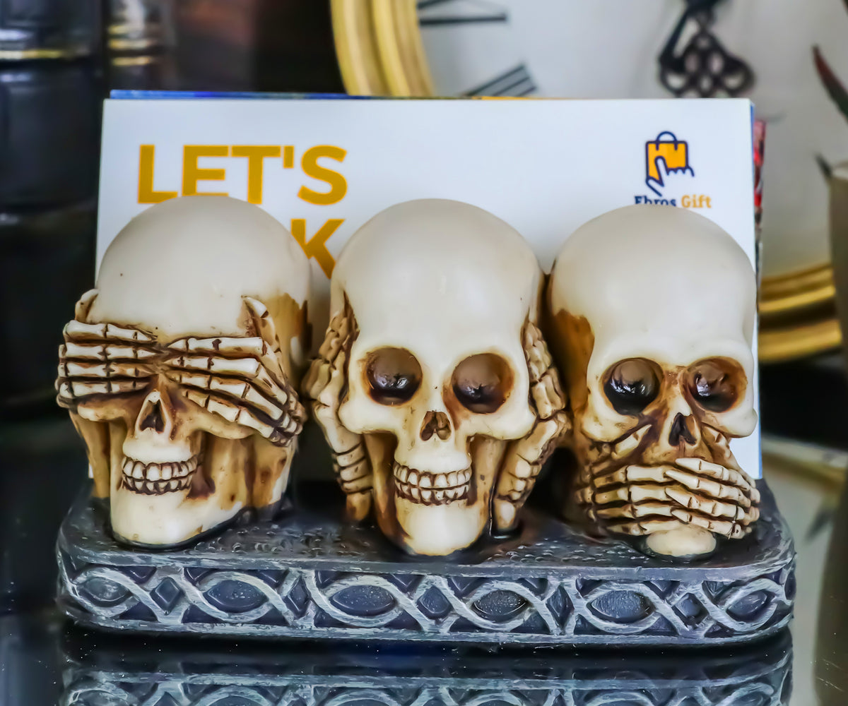 Gothic See Hear Speak No Evil Skulls By Red Roses Business Cards Holder Figurine