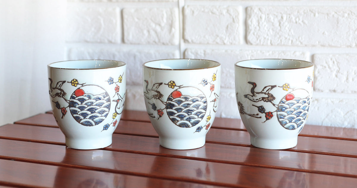 Pack Of 4 Japanese Sakura Cherry Blossom White Crane Ceramic Tea Cups Teacups - Ebros Gift