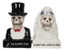 Wedding White Gown Bride And Black Tuxedo Groom Skulls Salt Pepper Shakers Set
