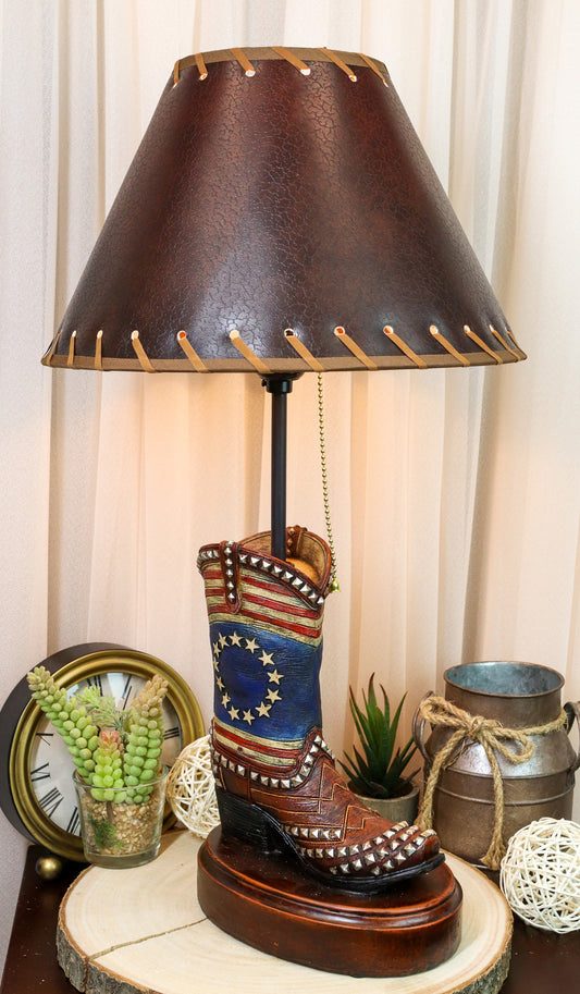 Western Patriotic American Flag Stars Stripes Cowboy Boot Table Lamp With Shade
