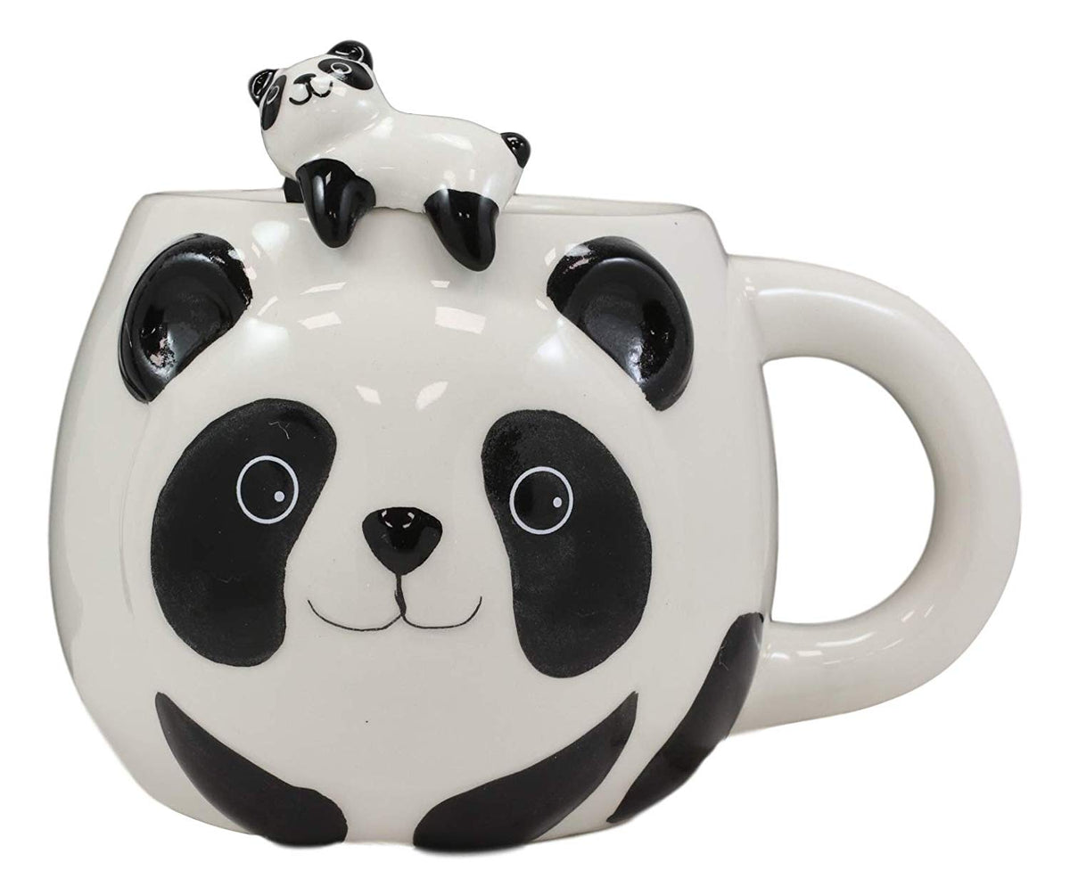 Ebros Giant Panda Bear Ceramic Coffee Mug With Sleeping Cub Latch On Spoon Set - Ebros Gift
