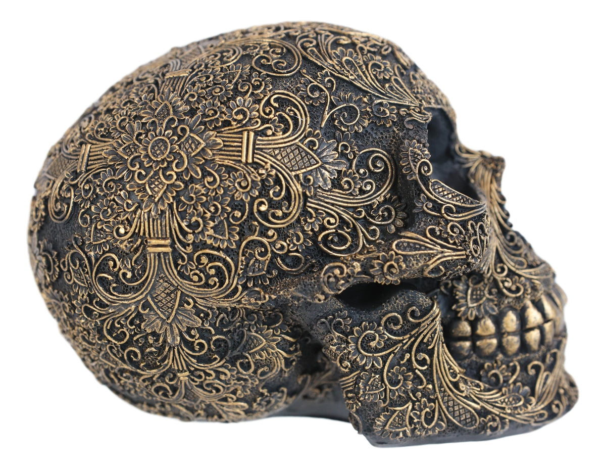 Ornate Tooled Floral Lace Fleur De Lis Royalty Cross Skull Decorative Figurine
