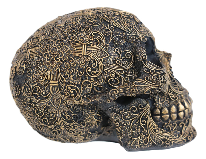 Ornate Tooled Floral Lace Fleur De Lis Royalty Cross Skull Decorative Figurine
