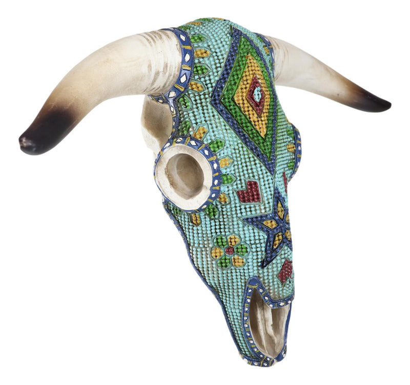 Rustic Southwest Steer Bison Cow Skull With Aztec Beaded Turquoise Wall Decor