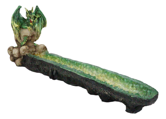 Ebros Green Dragon on Skull Stick Incense Burner 10.75" Length Functional Decor - Ebros Gift