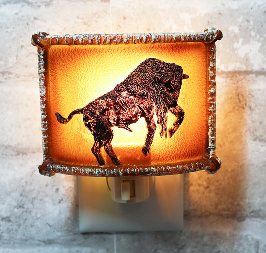 Western Charging Buffalo Bison Bull Faux Birchwood Wall Plug In Night Lights - Ebros Gift