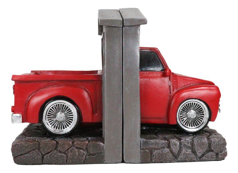 Old Fashioned Vintage Red Pickup Truck In Workshop Decorative Bookends Pair