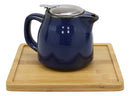 Ebros Navy Blue Contemporary Ceramic 20oz Tea Pot With 2 Cups And Bamboo Tray Set