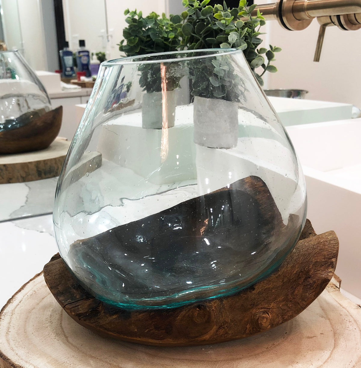Balinese Handicraft Natural Driftwood With Fitted Hand Blown Glass Bowl 8.5"H - Ebros Gift