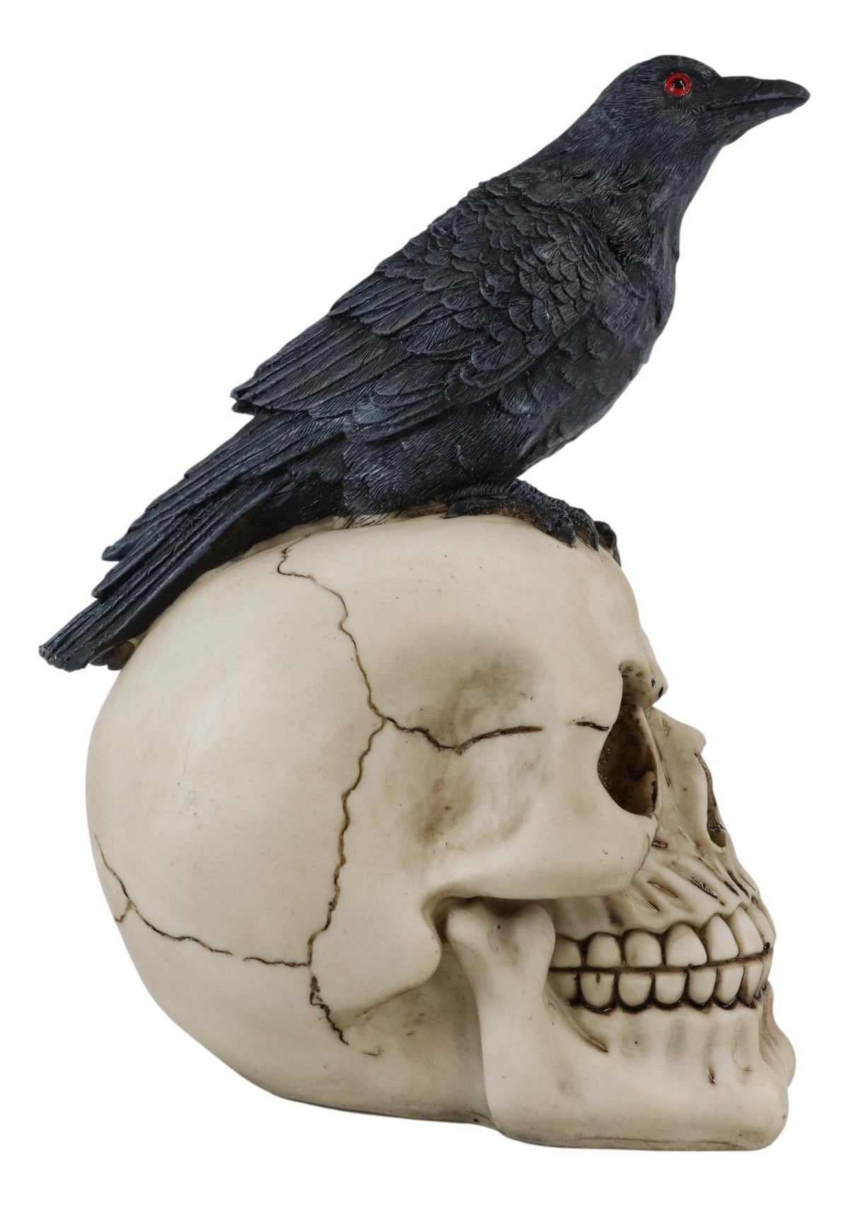 Quoth The Raven Nevermore Black Crow With Red Eyes On Macabre Skull Figurine - Ebros Gift