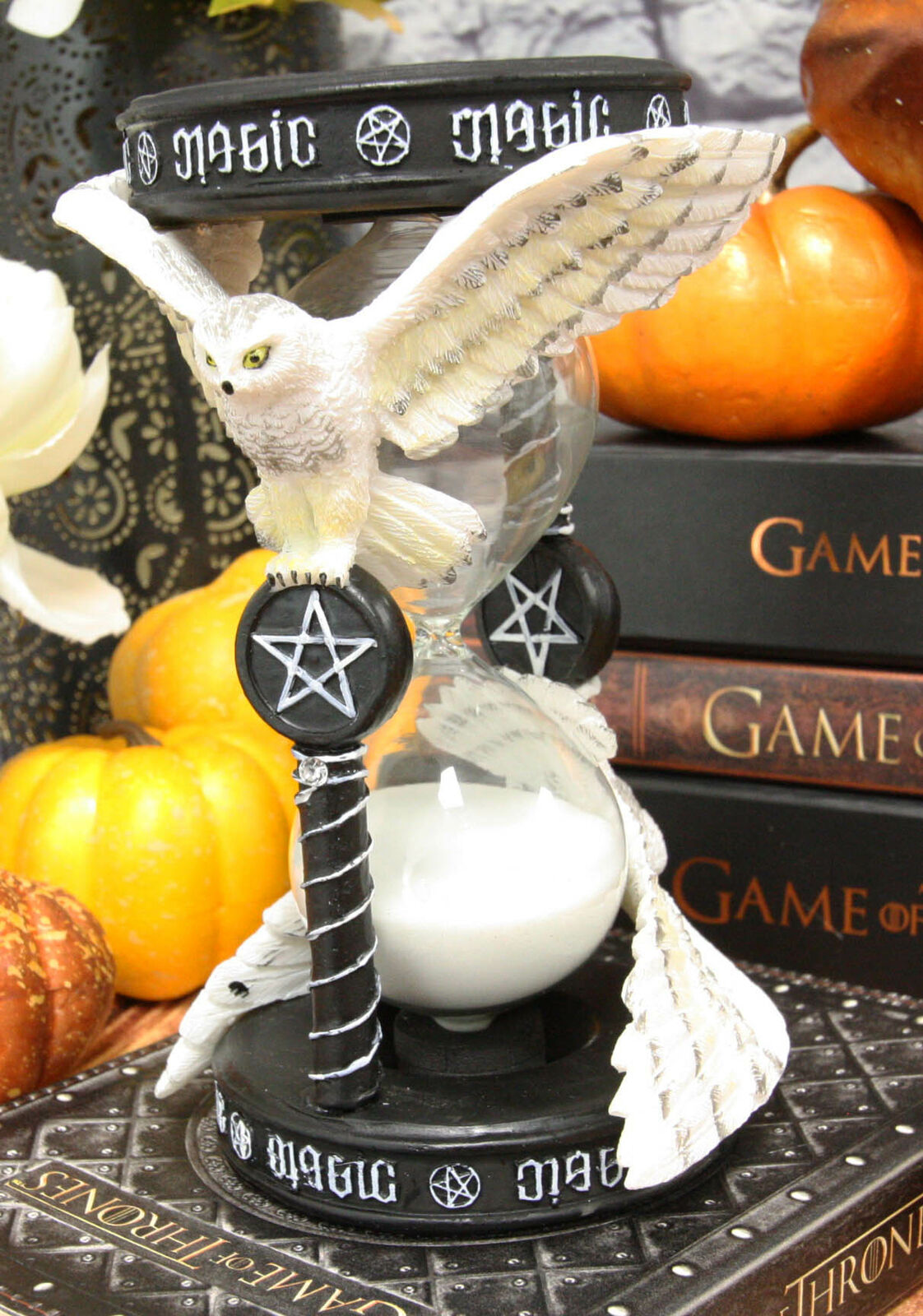 Ebros 7" Tall Awaken Your Magic Pentagram Snowy Owl Sand Timer by Anne Stokes