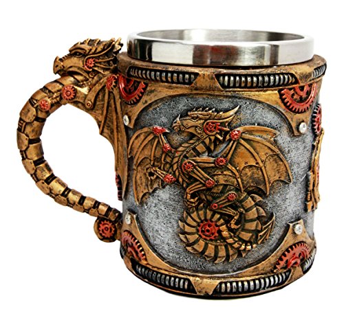 Ebros Golden Steampunk Cyborg Robotic Dragon Beer Stein Tankard Coffee Cup Mug - Ebros Gift