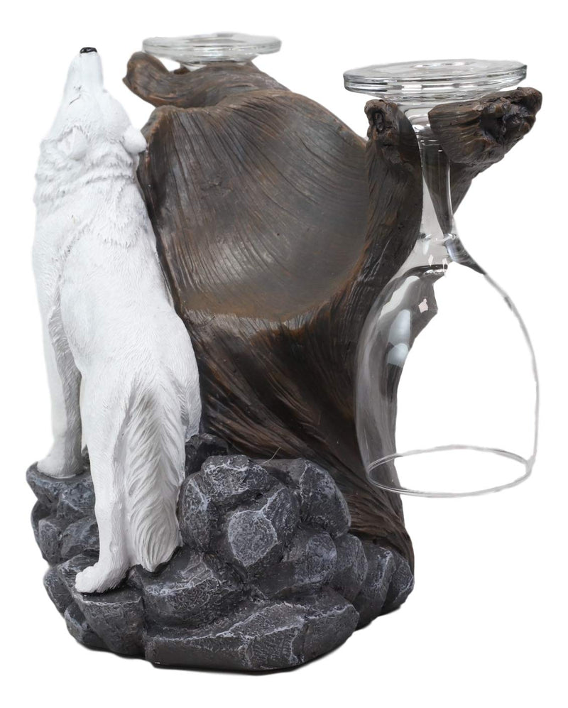 Ebros Rustic Tundra Woodlands Howling Arctic White Snow Wolf Wine Valet Statue As Bottle and 2 Glasses Holder 9.5" Wide Spirit Totem Full Moon Direwolf Timberwolf Decor Caddy Organizer Sculpture