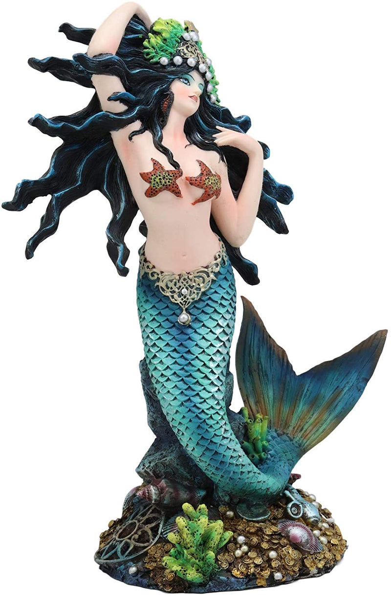Ebros 11" Tall Colorful Nautical Ocean Turquoise Mermaid Pearl Crown Princess by Sunken Treasure Trove Statue Under The Sea Fantasy Mermaids Mergirls Sirens Figurines Decorative Home Accent - Ebros Gift