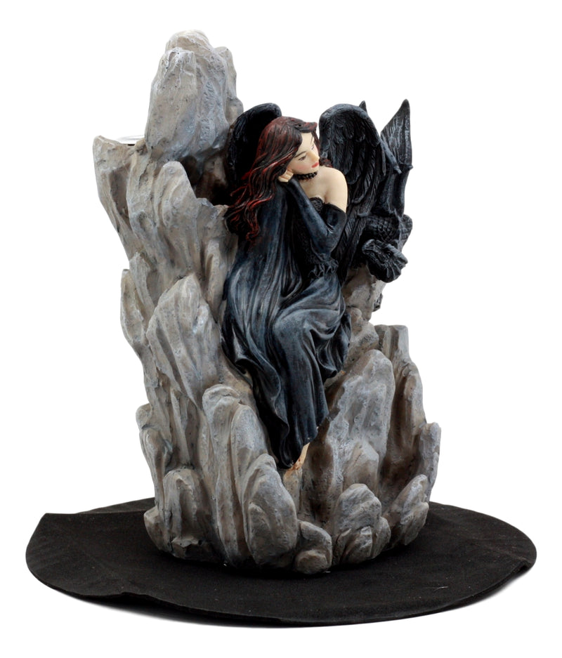 Ebros Gothic Dark Angel W/ Shadow Dragon On Waterfall Rocky Cliff Figurine 7.5" H
