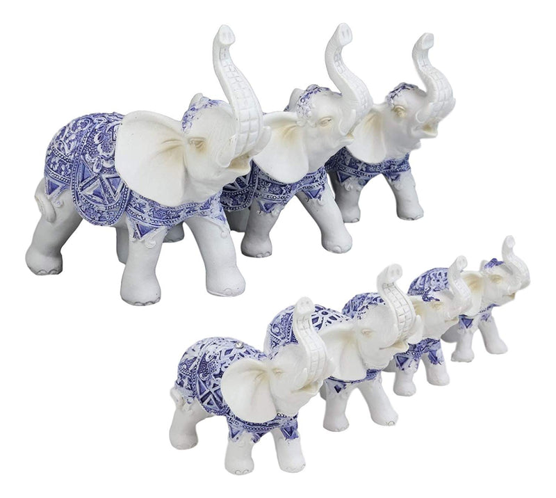 Ebros Blue White Feng Shui Miniature Thai Buddhism Elephants With Trunks Up Set of 7