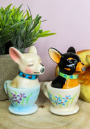 Ceramic Teacup Black White Chihuahua Dogs Kissing Salt And Pepper Shakers Set