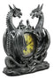 Gothic Twin Dragons Table Clock Statue With Roman Numerals In Metallic Look 11"H