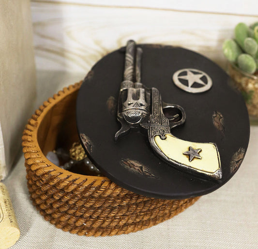 Ebros Rustic Cowboy Revolver Six Shooter Gun Western Star & Ropes Small Decorative Box