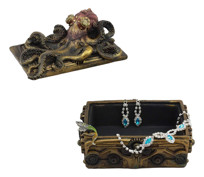 Ebros Steampunk Octopus Kraken Soldier On Pirate Treasure Chest Jewelry Box Figurine