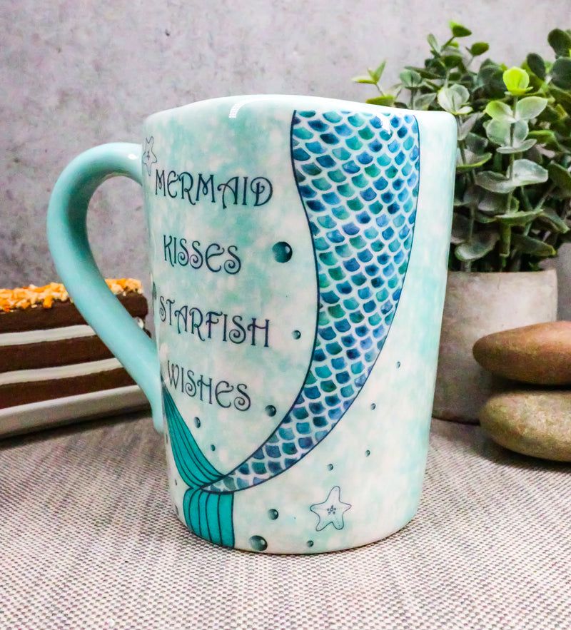 Ebros Nautical Blue Mermaid Kisses Starfish Wishes Ceramic Mug 18oz, Set of 2