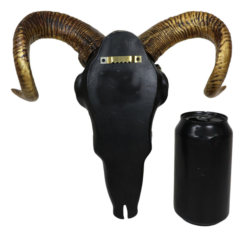 Rustic Black Ram Skull With Golden Horns And Tulip Flowers Wall Trophy Decor