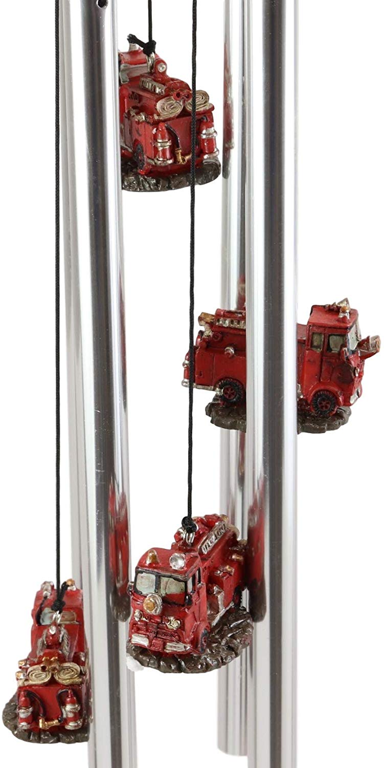 Ebros Gift Decorative Red Fire Engine Truck Model Resonant Relaxing Wind Chime Patio Garden Accent of Fire Fighters Hydrants 911 Emergency Civil Service