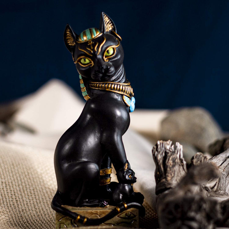 Egyptian Goddess Sitting Cat Bastet Mother With Kittens Statue in Vivi–  Ebros Gift
