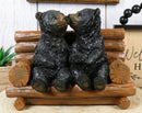 Rustic Whimsical Forest Black Bear Siblings Kissing By Tree Logs Bench Figurine