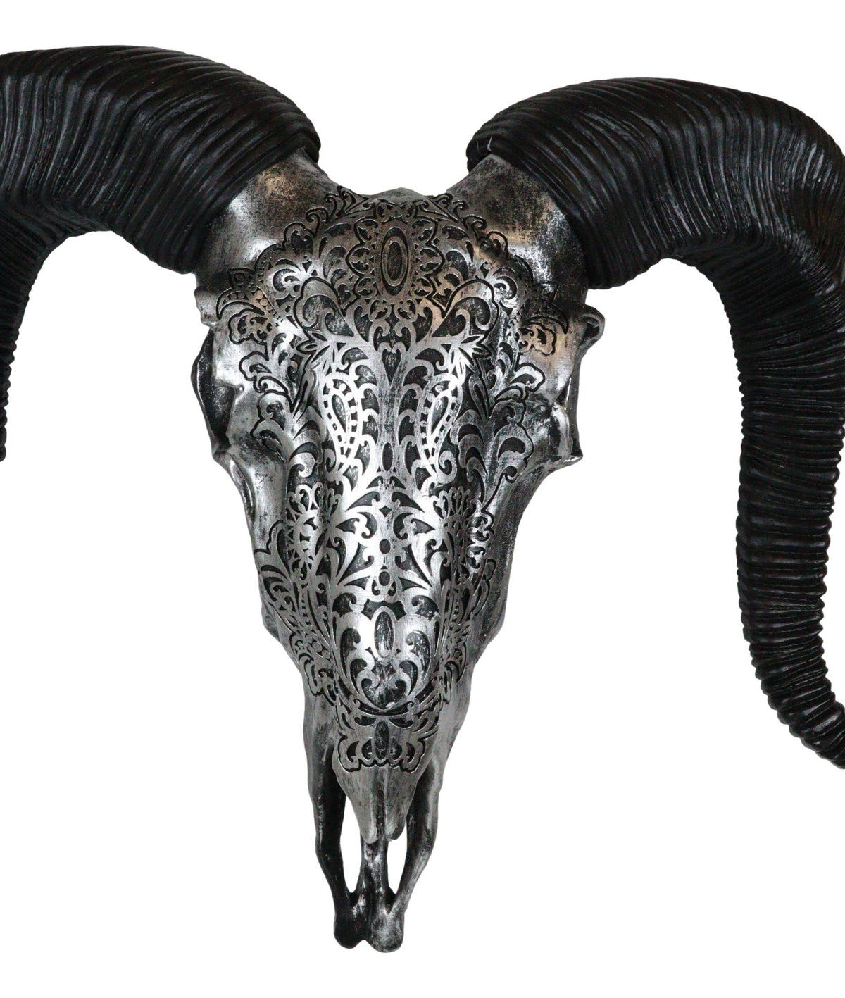 Silver Tribal Floral Scroll Tooled Filigree Corsican Ram Skull Wall Decor 11"W