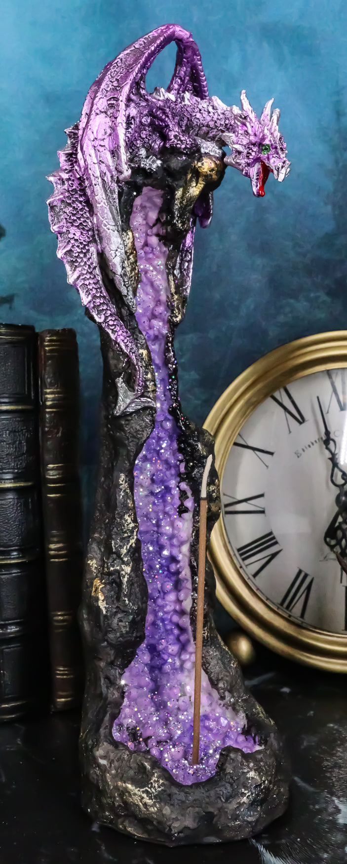 Purple Dragon On Geode Rock Gemstone Quartz Pillar Incense Burner Figurine