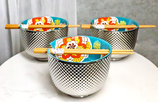 Set of 3 Luxury Ottoman Silver Plated Ramen Bowls Chopsticks Turquoise Flowers