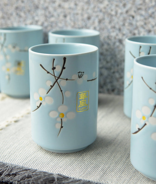 Pack Of 6 Japanese Sakura Cherry Blossom Pastel Light Blue Ceramic Tea Cups 10oz - Ebros Gift