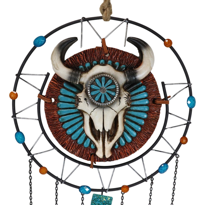 Southwest Tribal Indian Boho Chic Cow Skull Dreamcatcher Feather Wind Chime