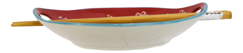 Red Maneki Neko Lucky Cats Appetizer Coupe Plate Flat Bowl With Chopsticks Set