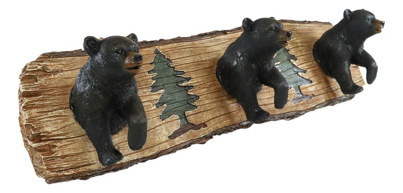 Rustic Forest Strolling Black Bears by Pine Trees 3 Pegs Wall Hooks Plaque 16"