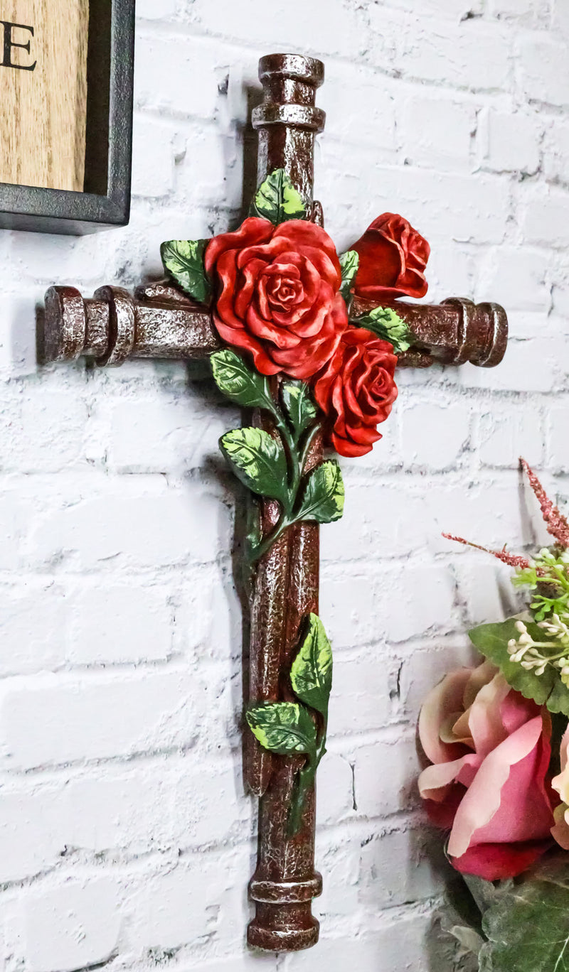 Rustic Western Romantic Red Roses Vine Roman Spike Nails Decorative Wall Cross